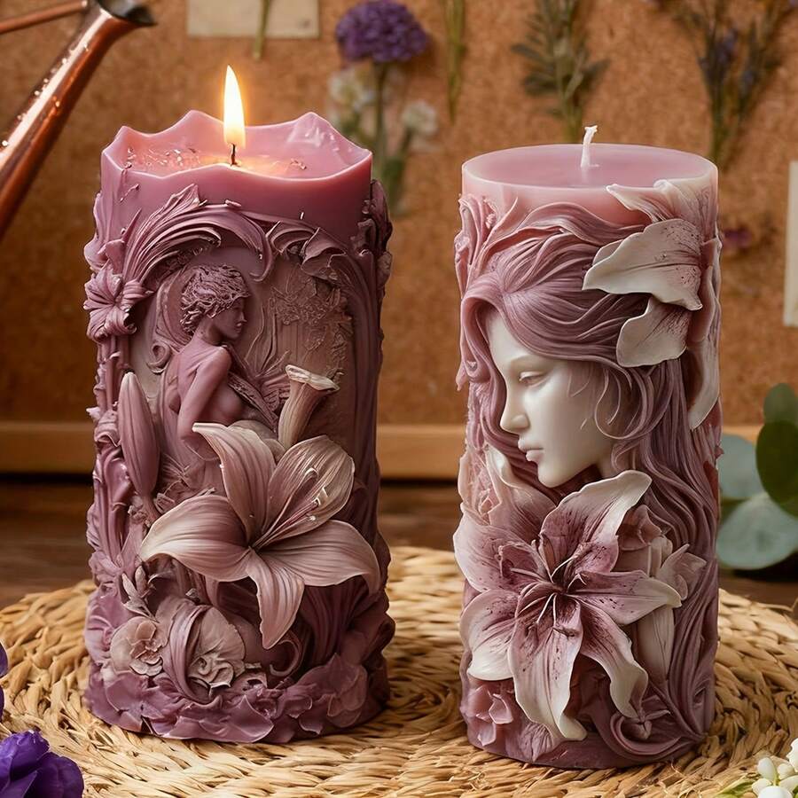 3D百合花与美人肖像硅胶蜡烛模具,精致花藤细节,可重复使用,脱模顺滑,适用于DIY香薰蜡烛、树脂工艺品、石膏等,优雅设计,是节日礼物和家居装饰的理想之选。 - 白色 - 查看 1