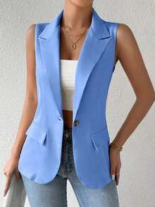 Blazer sin mangas de estilo elegante de color verde oliva para mujer, chaleco casual con solapa y botón en tela tejida lisa, corte regular - Celeste 2 - Ver 6