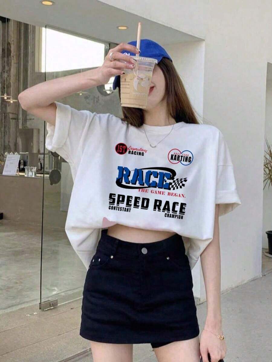 Camiseta de Mujer con Estampado Gráfico, Algodón Ligero, Estilo Japonés de Verano, Cuello Redondo Casual, Corte Holgado, Estampado de Letras, Manga Corta, Versátil para Primavera y Verano, Camiseta Oversize de Mujer con Estampado Gráfico, 100% Algodón Puro - Blanco - Ver 1
