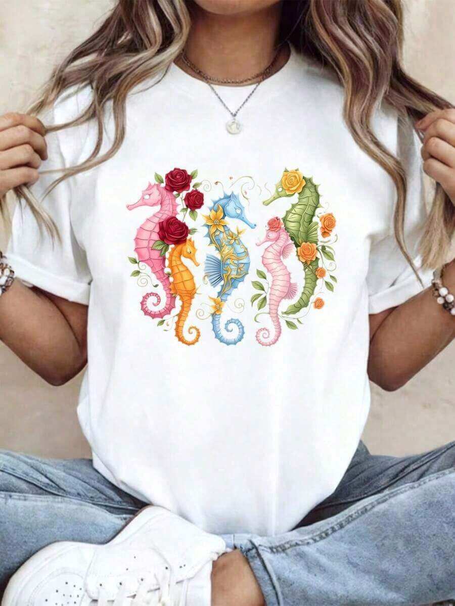 ropa de mujer Camiseta de mujer, tela suave y transpirable, estampado floral de caballito de mar, informal para uso diario, jersey suave, lavable a máquina, talla real, ropa de verano 2026 para mujer, camisas de mujer - Blanco - Ver 1