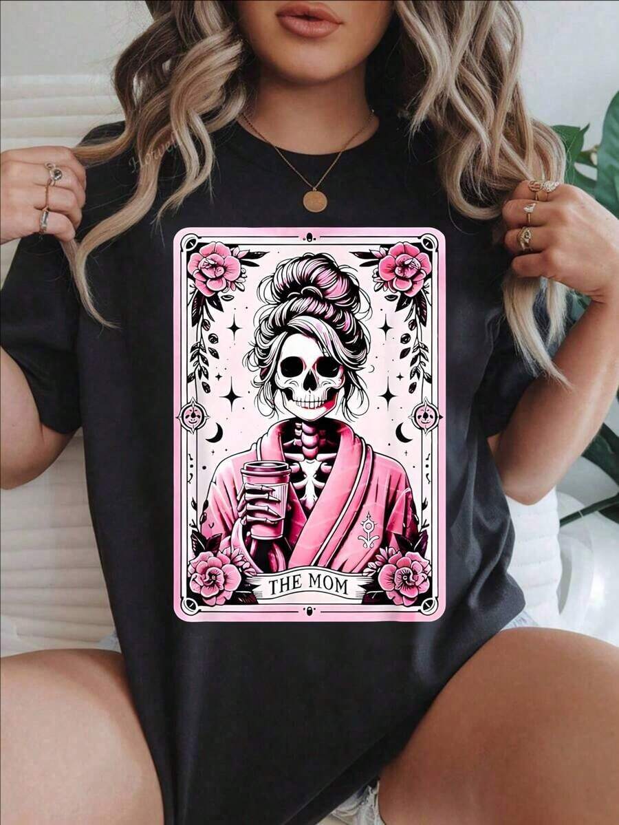 Women's Casual Short Sleeve T-Shirt - Skull Design In Pink Tunic Holding A Coffee Cup With Roses And Stars, Round Neck, Summer Top, Machine Washable, Ladies' T-Shirts, Casual Wear, Modern Style, Comfortable Fit
-White - 黑色 - 查看 1