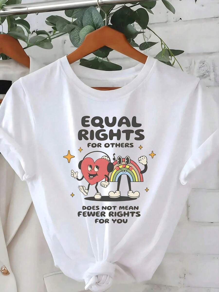 The Text "Equal Rights For Another Does Not Mean Fewer Rights For You" Is Printed With An Egalitarian Theme Featuring Love And Rainbow Cartoon Patterns. It Has A Slight Stretch, Making It Suitable For Expressing Egalitarian Ideas Or Participating In Related Activities. Machine Washable, It's A Practical Item For Showing Humanist Care - A Pure Cotton White Women's T-Shirt. - 白色 - 查看 1
