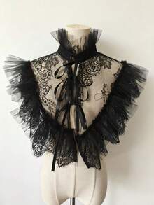 1pc Black Lace Ruffle Mesh Collar, Gothic Victorian Detachable Fake Collar With Ribbon Tie, Vintage Lolita Style Dress Collar Decor - Black - View 7