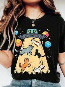 Camiseta de manga corta de corte regular para mujer de talla grande, con estampado de gato cósmico y OVNI, cuello redondo, alta elasticidad y comodidad casual para el verano. - Negro - Ver 8
