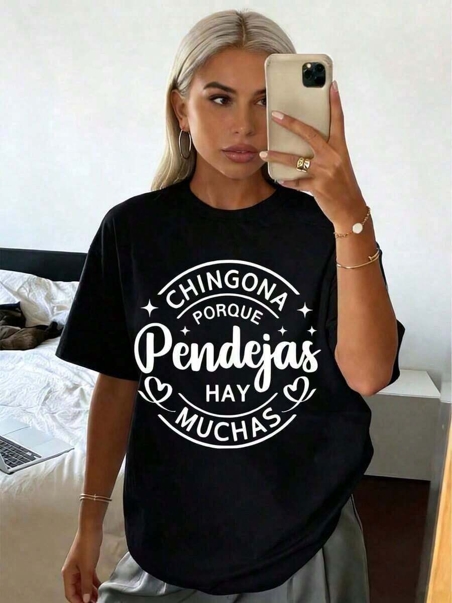 Camiseta estampada en inglés para mujer, camiseta casual minimalista, camiseta estampada de verano para mujer, Y2K, camisetas gráficas para mujer, ropa exterior para mujer, ropa campestre para mujer, ropa de estilo bohemio para mujer, ropa de resort, ropa para fiestas, ropa casual para mujer, ropa de verano, ropa de vacaciones, ropa de verano para mujer, ropa de playa para mujer. - Negro - Ver 1