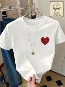 Women's T-Shirt, 100% Pure Cotton, Printed With A Red Heart Pattern, Round Neck, Short Sleeve, Summer Clothing, Comfortable And Breathable, Summer Clothes For Women, Tops For Women. - 白色 - 查看 7