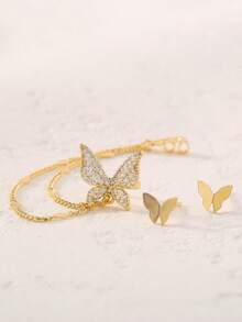 1 Set Elegant Micro-Inlaid Cubic Zirconia Butterfly Ear Cuff And Polished Butterfly Earrings, Women Jewelry Accessories - Yellow Gold - View 3
