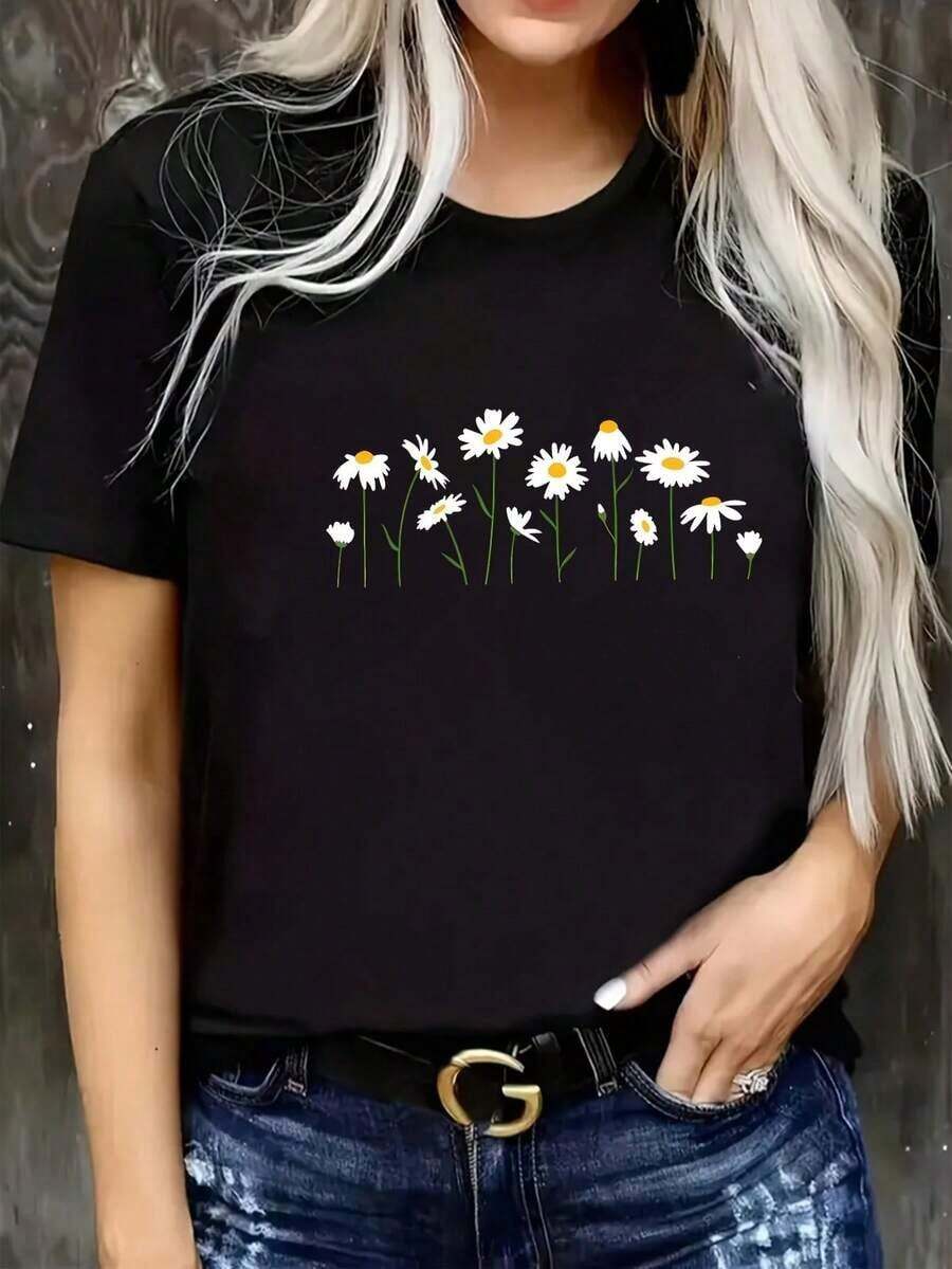 Camiseta Floral Lily para Mujer - Con Margaritas Blancas - Top Elástico Versátil para Uso Diario y Formal - Ropa Casual para Todas las Temporadas - Material Suave - Moda Inclusiva - Camiseta para Mujer, Esencial para el Guardarropa Multiusos - Negro - Ver 1