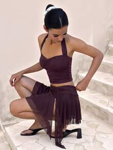 Sedessea Ensemble de maillot de bain bikini 3 pièces pour femmes 2026 Printemps/Été, top court marron unicolore, camisole ajustée, short, rendez-vous, festival de musique, plage élégante - Marron - Voir 3