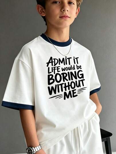 Kids' Funny "Life Would Be Boring Without Me" Slogan Graphic Tee, Boys' Color Block Short Sleeve T-Shirt