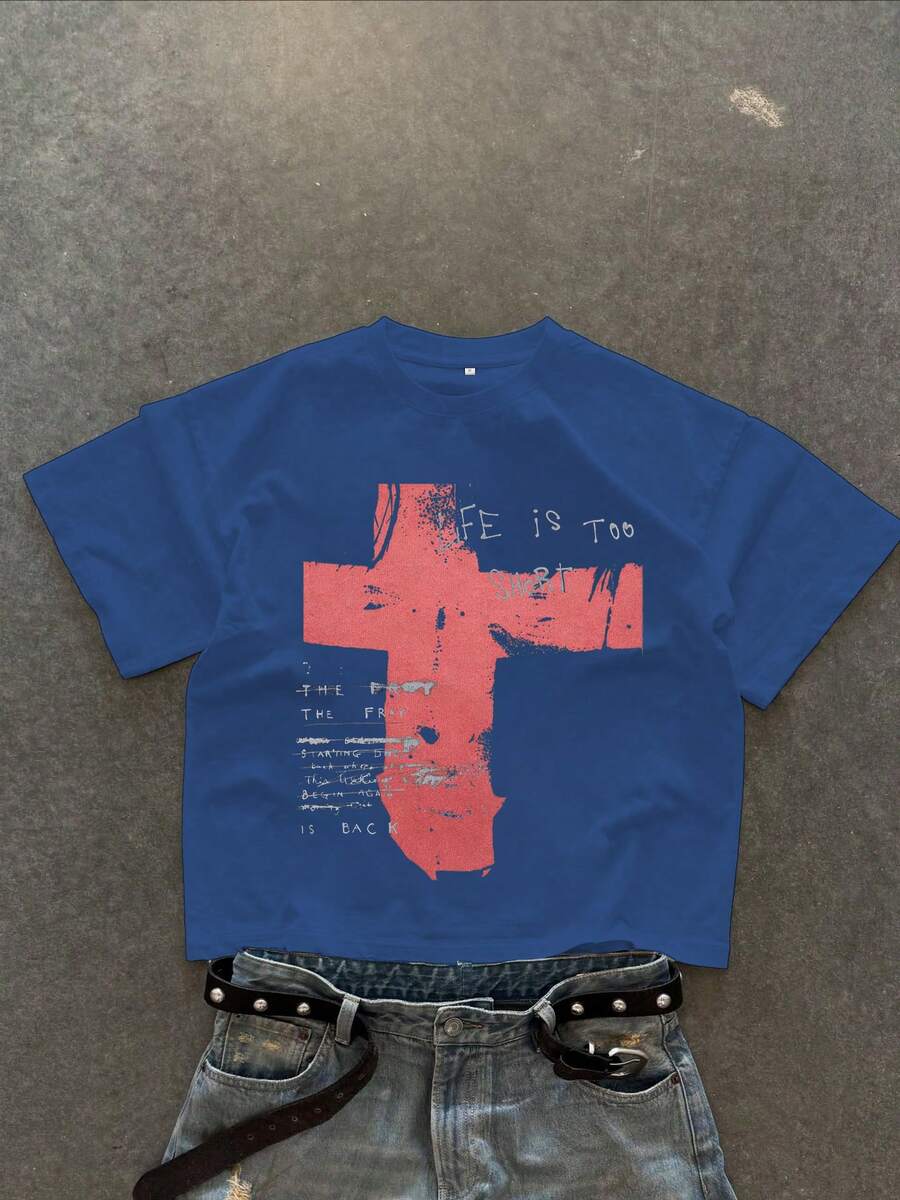 Men's Round Neck Letter Print Casual Versatile Daily Wear Short Sleeve T-Shirt - Blue - View 1