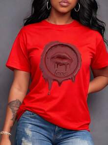 Red Wax Seal With Lips Symbolizing The Passion And Sincerity Of Love Melted In An Eternal Kiss. Women's T-Shirt, 100% Soft Cotton, Comfortable, Casual Cut, Perfect For Expressing Authentic Emotions And Elegant Confidence, Maija Curvy Women. - 紅色 - 查看 7