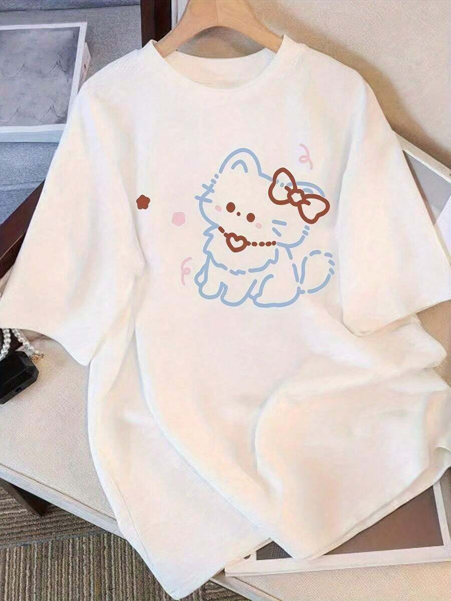 Under The Radar Adorable Women's Anime Cat T-Shirt - White Short Sleeve Crew Neck Loose Fit Blouse With Pink Bow And Cheerful Print, Comfortable Casual T-Shirt For Everyday Wear, Kawaii Manga Inspired T-Shirt, Suitable For All Seasons - Vintage Street Style Unisex Loose Cotton Short Sleeve Crew Neck T-Shirt - 白色 - 查看 1