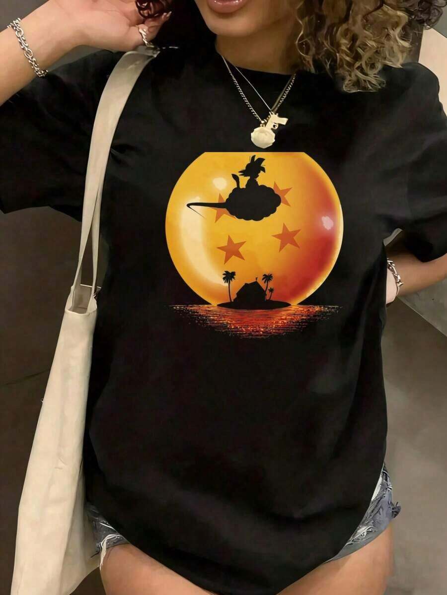 Bajo el Radar Cuello Redondo Estampado Divertido Camiseta negra inspirada con diseño de la isla al atardecer y estrellas, unisex, informal, para fans del anime y la cultura pop, unisex, adecuada para regalos navideños - Estilo callejero vintage, unisex, holgada, de algodón, manga corta, cuello redondo. - Negro - Ver 1