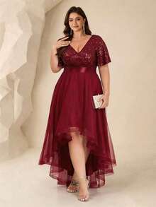 Vestido de cóctel de gasa con cuello en V, mangas con volantes, parches de lentejuelas, bajo asimétrico para mujer de talla grande en color borgoña, elegante vestido de noche formal adecuado para ceremonia de graduación, banquete, ocasiones festivas, boda, primavera - Burdeos - Ver 1
