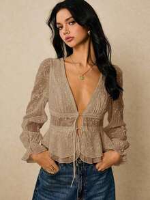 Blusa blanca de manga larga, tela bordada, camisa de otoño e invierno, exquisita y elegante, diseño de lazo central, costura de encaje, blusa de moda sexy con escote en V profundo y bordado floral delantero, adecuada para uso diario, salir, citas, vacaciones, fiestas, etc.Ropa de mujer de otoño - Caqui - Ver 4