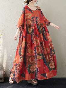 AZAH 大尺碼波希米亞風女款夏季長洋裝，寬鬆A字版型蝙蝠袖附口袋，復古碎花設計 - 紅色 - 查看 4