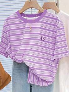 Camiseta de cuello redondo regular para mujer con estampado digital a rayas y bordado de lazo, regalo para amigos - Multicolor 4 - Ver 3