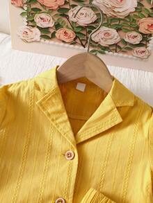 Young Girls' V-Neck Short Sleeve Shirt + Elastic Waist Loose Shorts 2 Pieces Vacation Outfit, Spring/Summer - Yellow - View 4