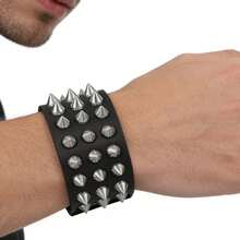 1 pieza Brazalete de cuero ancho con remaches de múltiples filas para parejas, estilo punk gótico, para escenario y cosplay, regalo para la pareja, regalo de cumpleaños - Negro - Ver 5