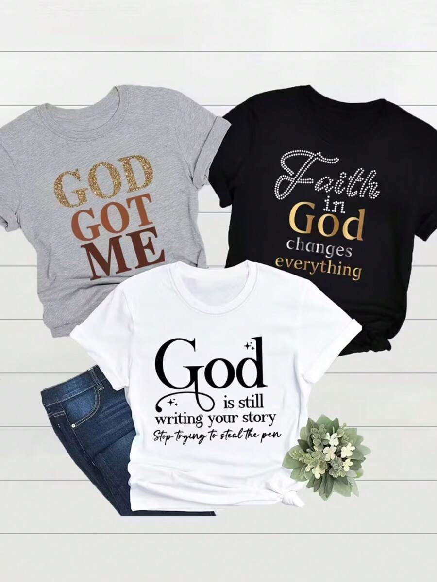 Short-Sleeved T-Shirt With Religious-Themed Letter Print, Round Neck, Casual, All-Season, Everyday Casual Top, Suitable For Summer And Spring, Women's Clothing, Available In Multiple Sizes, Seasonal Clothing, Spring Wardrobe, Religious-Themed Design, Geometric Pattern, Durable Stitching, Breathable Fabric, Multi-Piece T-Shirt Set, Printed T-Shirt, Women's Fashion, Versatile Top. - 白色 - 查看 1