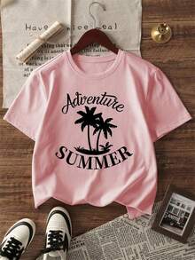 Women's 1-Piece Sports T-Shirt Set, Urban Culture Print T-Shirt With Seasonal Vibe, Breathable And Stretchy Short-Sleeved Round Neck Sports Top, Suitable For Running, Sports, Exercise And Wearing At Home, Summer Series, 100% Cotton, Machine Washable. - 黑色 - 查看 3