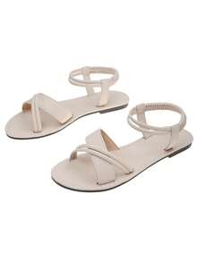 New Women's Roman Style Cross Strap Flat Sandals, Elastic Comfortable, Suitable For Beach, Vacation, Casual And All-Season Wear - Beige - View 7