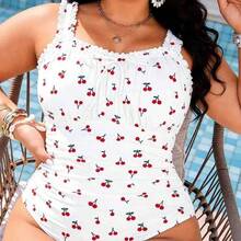 Swim Lushore Plus Size One-Piece Swimsuit With Cherry Print Pattern, Mature European And American Style - Negro - Ver 7