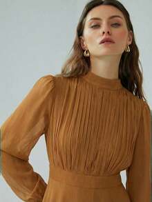 Vestido de manga larga con acento plisado en la cintura, de estampado de teñido anudado, elegante y versátil para uso diario, en azul y verde - Óxido marrón - Ver 2