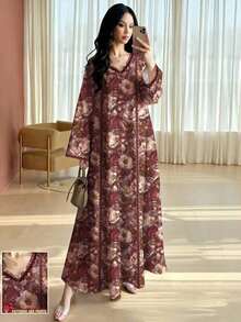 Najma Vestido largo vintage con estampado de animales y flores diminutas, Vestido maxi de manga larga con cuello en V y estampado floral, Falda larga elegante con estampado floral diminuto, Vestido maxi de bloque de color con estampado floral, Primavera/Verano - Multicolor - Ver 5