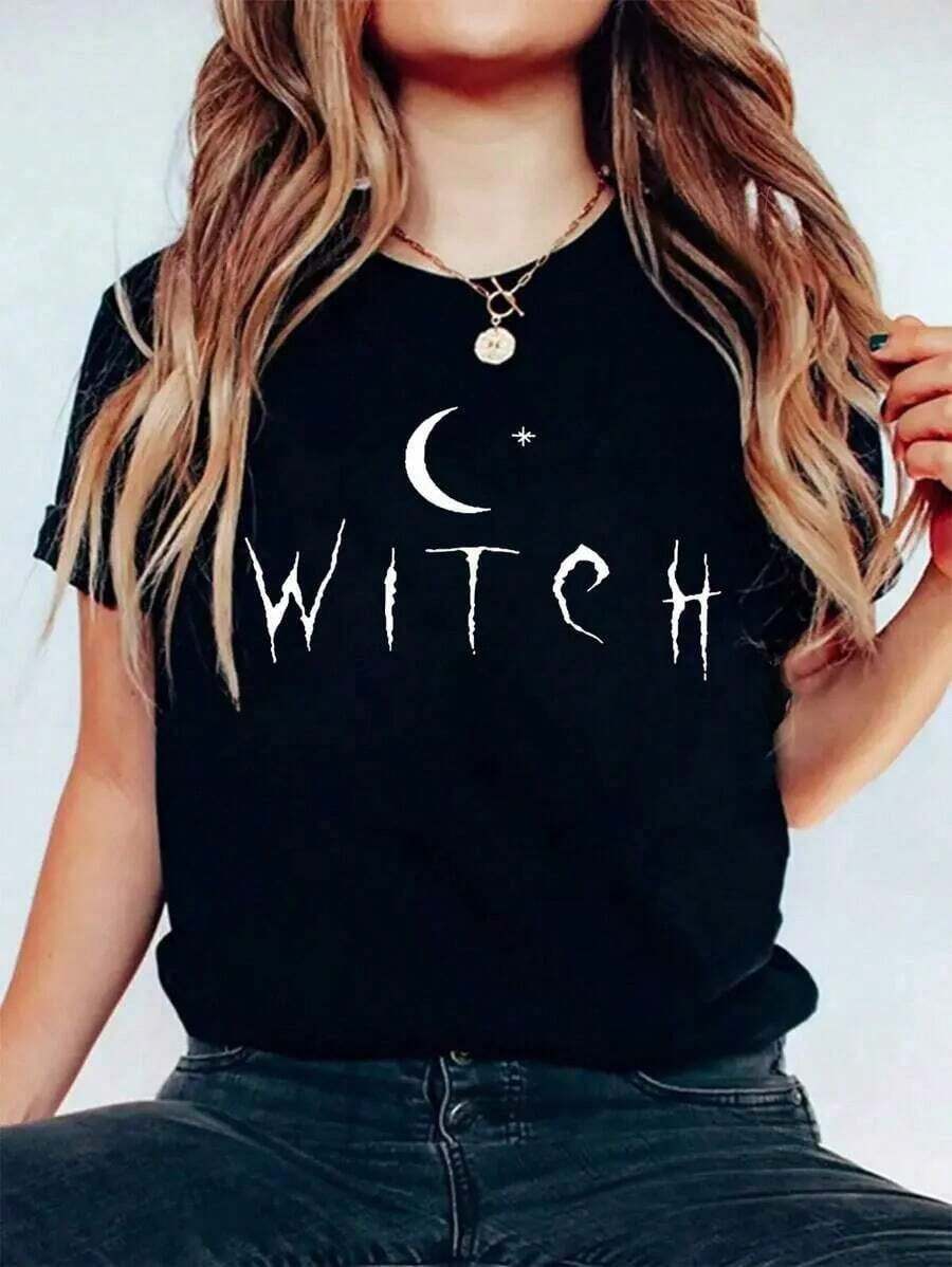 Camiseta de mujer, estampada con un diseño de bruja negra y luna, 180 gramos, camiseta casual de manga corta y cuello redondo, adecuada para Halloween, camiseta de moda urbana. - Negro - Ver 1