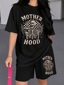 1 pieza de conjunto de dos piezas para mujer con estampado de mariposa Motherhood, ropa de verano para mujer, casual, transpirable, ligera, para uso diario, 180g, 100% algodón. - Negro - Ver 12