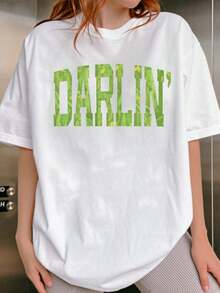 100% Cotton Short-Sleeved Blouse For Women With A "Darlin" Pattern. It's Soft And Comfortable, Perfect For Everyday Wear, Outdoor Activities, Travel, And Workouts. It's Stain-Resistant And Easy To Wash. Stylish And Easy To Pair With Other Clothing, It Makes An Ideal Gift For Family And Friends, Offering A High-Quality Feel. - 白色 - 查看 7