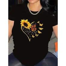 Set Of Short-Sleeved Round Neck T-Shirts. Single Garment, Not A 3-Piece Set. 1 Piece/Set Of Short-Sleeved T-Shirts Suitable For Streetwear. Top Oversized Round Neck For Daily Outings, Camping, Concerts, Hip-Hop, Rock, And Rap Events For Women, With A Print Of Sunflowers, Butterflies, And Letters. - 黑色 - 查看 2
