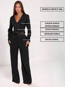 Women's Tailored Set: Blouse, Vest, And Wide-Leg Pants - Elegant And Casual - màu đen - Xem 6