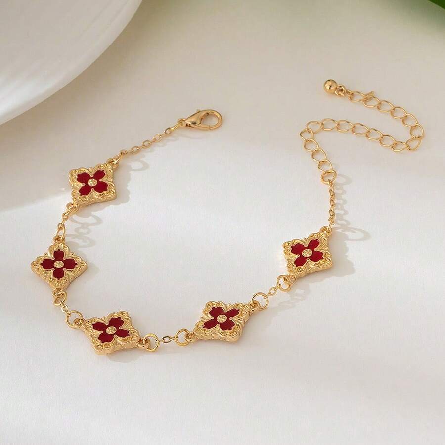 1pc Retro Fashion Four-Leaf Clover Bracelet, Personalized Design Jewelry, Palace Style Four-Leaf Clover Pendant Bracelet - Red - View 1