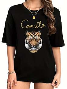 Talla Grande - Talla Grande - Camiseta de Mujer de Talla Grande de 180G de Peso Pesado, Estamp con "Camilla" y Patr￳n de Tigre - Letras Blancas y Dors, Corte Hoado, Cuello Redondo, Top Casual de Manga Corta, Lavable a M£quina, Adecu para Todas las Estaciones - Negro - Ver 2