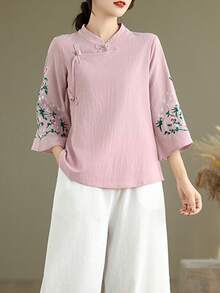 LUCIDVUE 1件女款唐裝刺繡上衣，春夏復古盤扣亞麻襯衫，優雅漢服風度假穿搭 - 粉色 - 查看 12