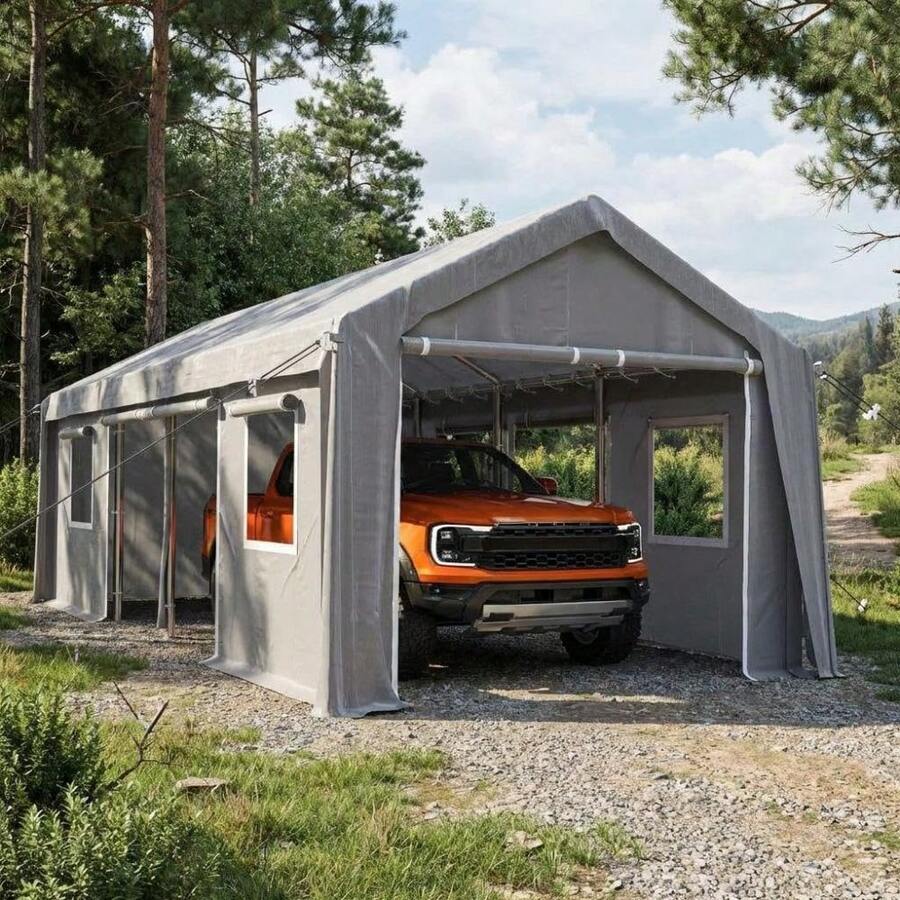 Beaully Heavy Duty Carport Canopy With Front Doors & Roll-Up Side Openings, 200gsm PE Tarp Car Shelter Tent, Ventilation Windows Vehicle Canopy, Weather-Resistant Portable Car Canopy,Gray - Gray - View 1