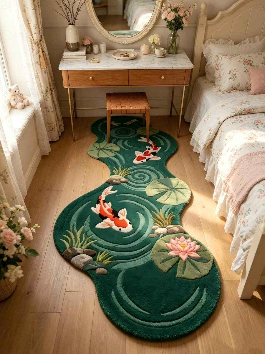 Thảm chùi chân hình ao cá Koi, hai con cá Koi bơi giữa lá sen, tượng trưng cho những lời chúc tốt lành về "Hòa hợp và Vẻ đẹp", "Cá nhảy qua cổng rồng". Họa tiết sóng nước cũng mang ý nghĩa truyền thống "Nước mang lại sự giàu có". Đặt ở lối vào. - A - Xem 1