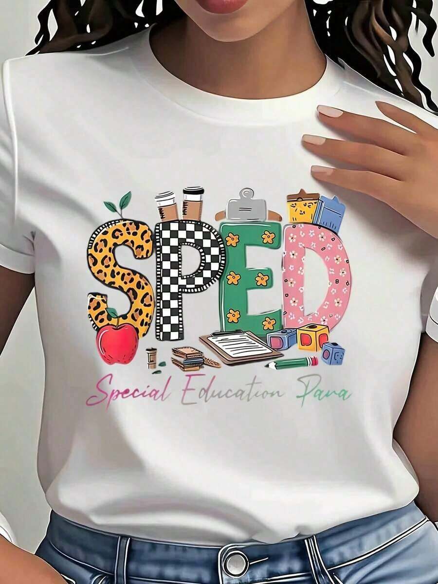 Camiseta SPED de Educación Especial para Maestros y Paraprofesionales – Diseño Educativo Colorido con Manzanas, Bloques y Material Escolar – Regalo Perfecto para Educadores y Personal de Apoyo de Educación Especial, Camiseta de Manga Corta de Algodón Suelto Estilo Vintage Urbano de 220g Unisex con Cuello Redondo, blusas para mujer, playeras de mujer, blusas casuales para dama. - Blanco - Ver 1