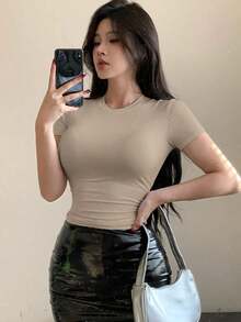 Camiseta de manga corta para mujer de ajuste ceñido, de cuello redondo y unicolor para el verano - Albaricoque - Ver 5