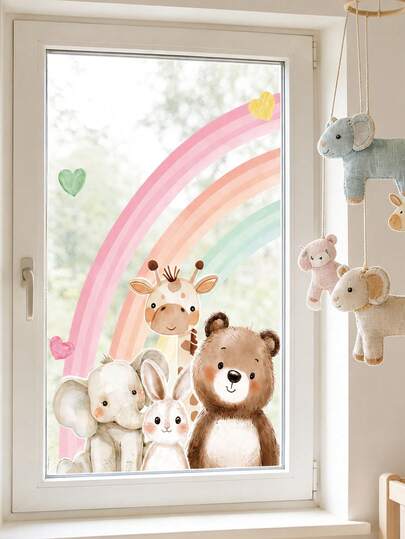 Adesivos de janela estáticos coloridos em aquarela com animais, removíveis e reutilizáveis, sem deixar resíduos. Decoração fofa com panda, elefante, girafa e coelho, ideal para quartos infantis, salas de jogos, salas de aula e para toda a casa.