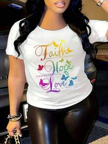 Camiseta de algodón de manga corta para mujer, con estampado degradado de Fe, Esperanza y Amor, cuello redondo, camiseta de manga corta, tops deportivos casuales, ropa de mujer. - Blanco - Ver 7