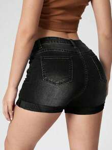 Shorts en mezclilla desgarro bajo de doblez - Negro - Ver 2