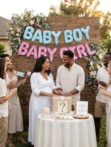 1 Set de decoraciones para baby shower que incluye pancarta de globos de papel de aluminio, corona floral de fondo, perfecta para fiesta infantil, anuncio de embarazo dulce y elegante, regalo para nuevos padres y madres embarazadas, decoración de pared metálica brillante en rosa y azul, decoraciones para celebración de recién nacido y revelación de género - Multicolor - Ver 3
