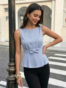 Elegant Blue Plaid Sleeveless Ruffle Trim Top With Bow, Fashionable Women's Round Neck Summer Casual Work Date Shirt - Blue and White - View 2