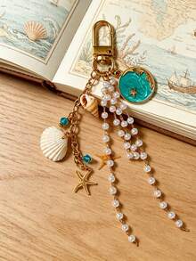 Ocean Style Seashell & Pearl Keychain, Starfish Conch Bag Charm, Beach Vacation Accessory - Multicolor - View 2