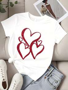 Camiseta de Cuello Redondo para Mujer, Estampado de Corazones Rojos Brillantes, Manga Corta, Estilo Casual para el Día de San Valentín - Blanco - Ver 2