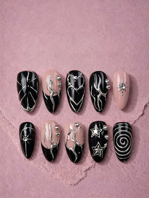 10pcs Long Almond Shape Handmade Press-On Nails Black & Pink Color Sweet Cool Y2K Style 3D Metal Line Heart Star Spiral Pattern Sweet Cool Girl Daily Music Festival Manicure, Perfect Holiday Gift For Women And Girls, DIY Nail Art, Nail Set, Includes Tool Kit, Nail Supplies, Handmade Press-On Nails, Summer Manicure, Black Nails